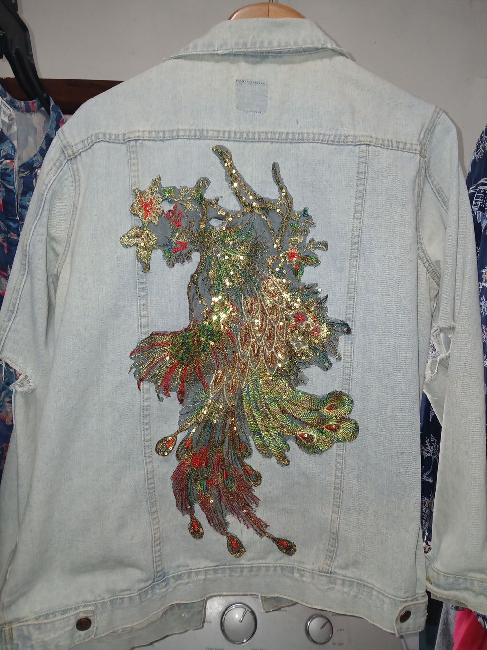 one 5 one Denim Jacket With Embellishments On Back And Distressed Sleeves. L